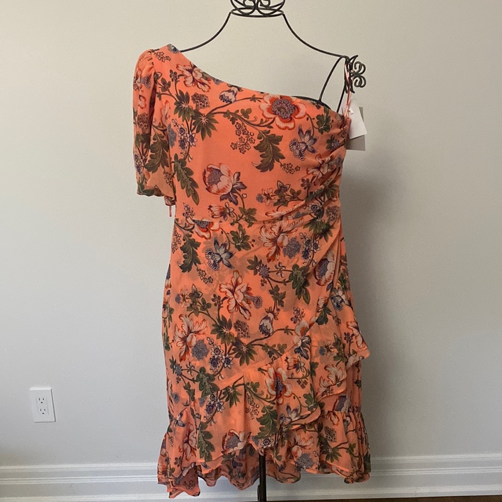 Chelsea 28 one shoulder dress. Orange dessert cabbage bloom print. BNWT